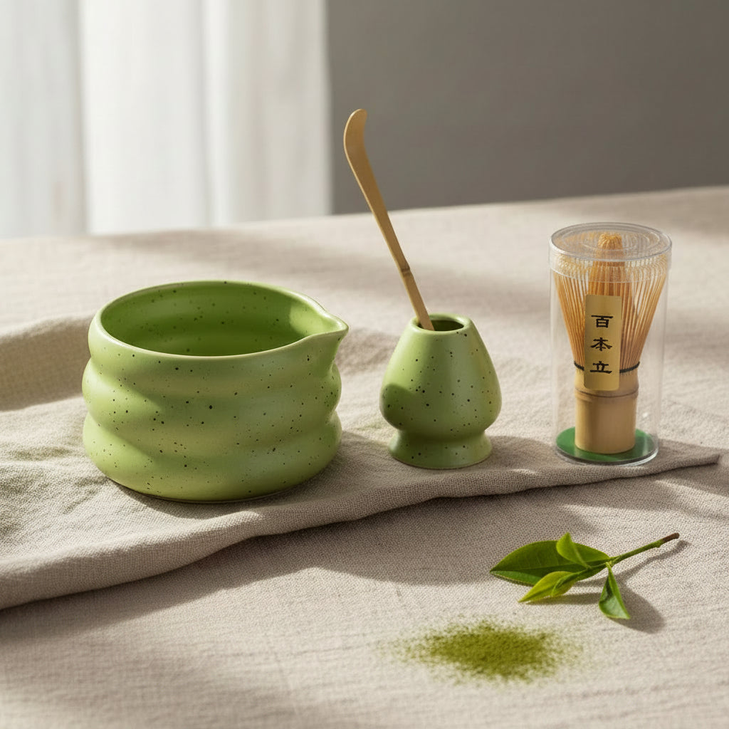 Green ceramic tea set with a wooden spoon and black container on a white background