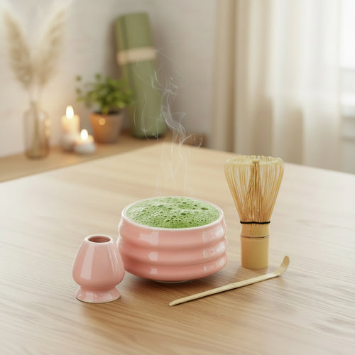 Matcha green tea set with a pink bowl, whisk, and spoon on a wooden table.